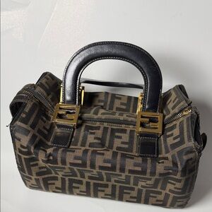 Fendi Brown FF Canvas Satchel with Black Leather Handles